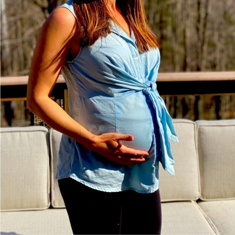 Motherhood Maternity Sleeveless Stretch Denim Look Button Front Tie Top sz M